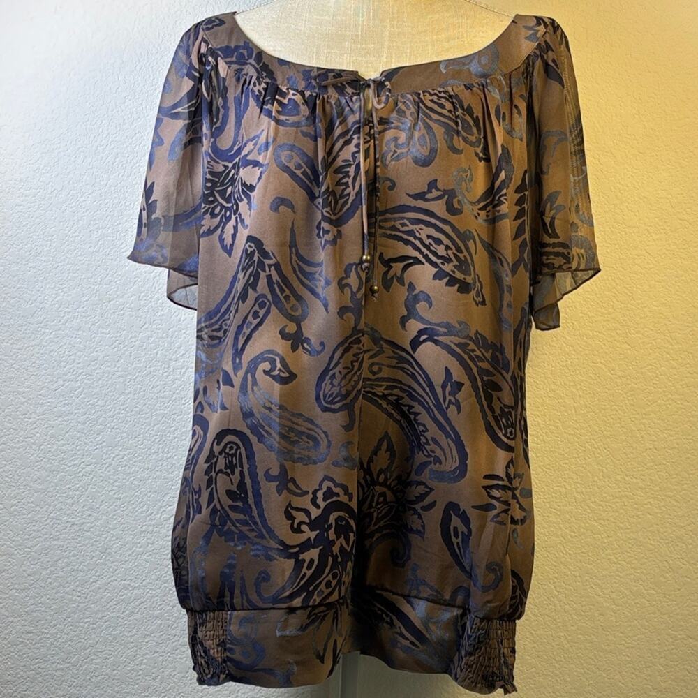 Sarah Michelle Paisley Print Brown Blue Women's Blouse Shirt 3X Flowy Career